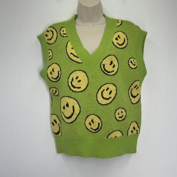 Forever 21 - Happy Times Green With Yellow Smiley Faces Knit Vest Size Small - Picture 2 of 9